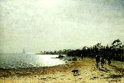 Eugene Jansson kustlandskap med figurer och hund pa sandstrand Spain oil painting artist